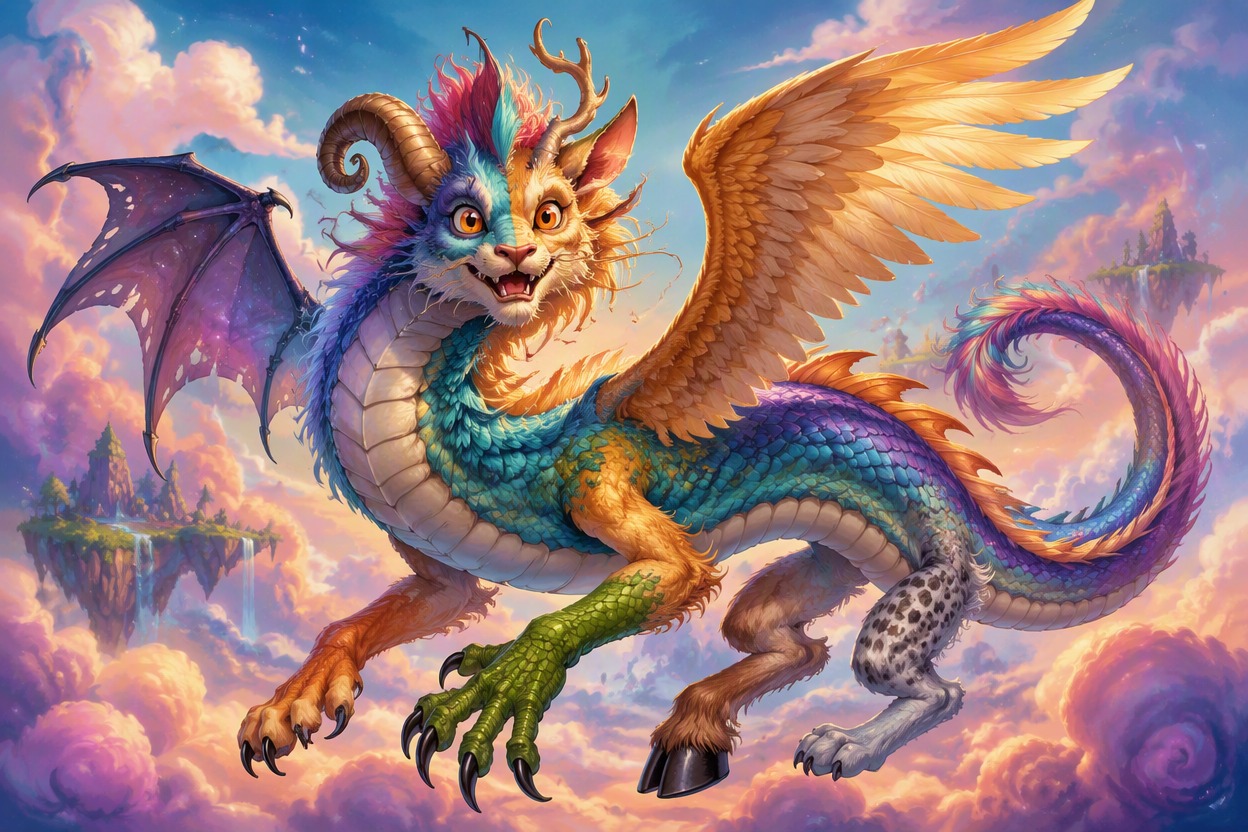 One original copper and teal serpentine chimera with crystal horn, mechanical feather wing, claw and hoof limbs, manipulating floating clockwork rings in an observatory, one charac