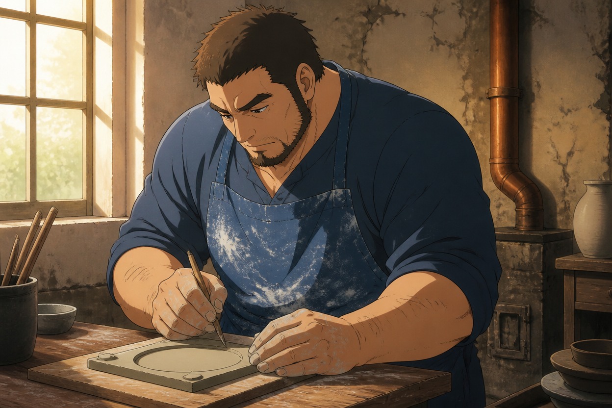 Japanese anime ceramic worker in a blue apron carving a clay tile