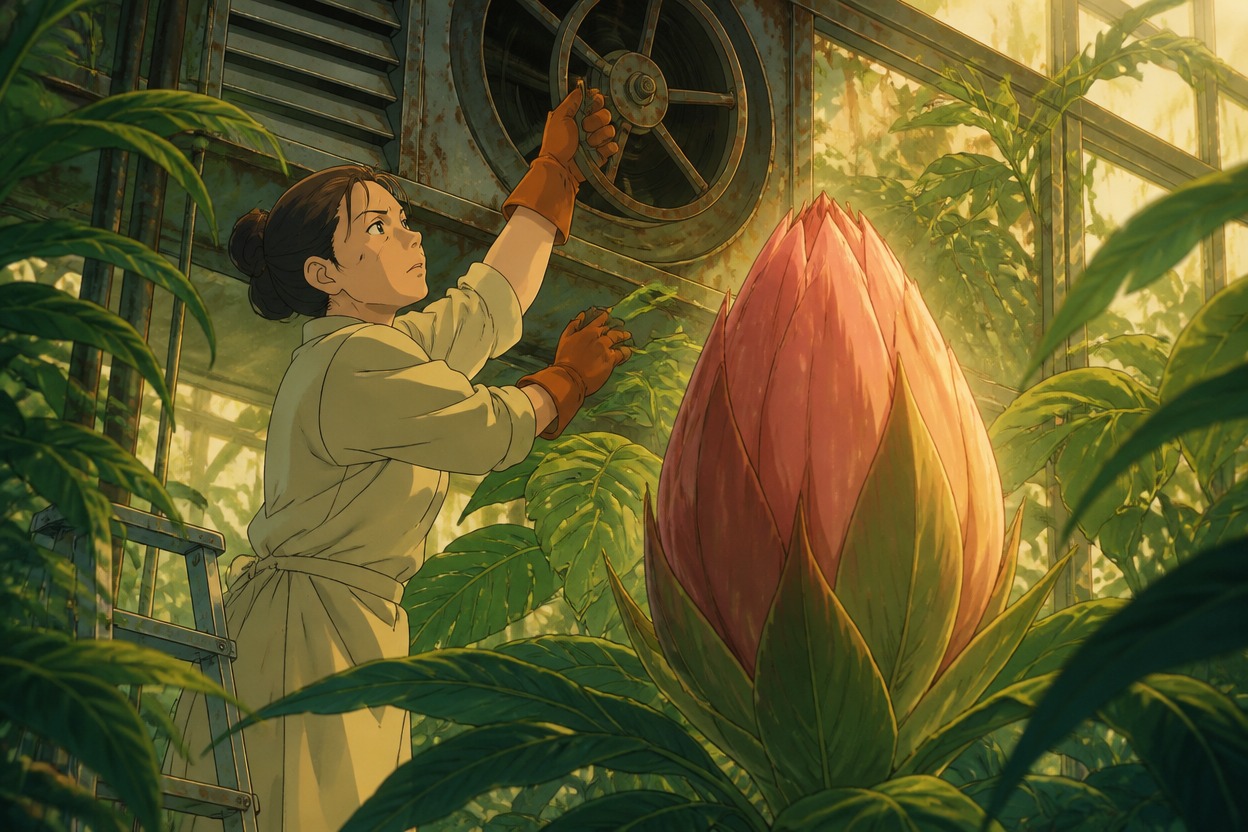 Japanese anime gardener reaches for a conservatory ventilation wheel beside an enormous flower bud