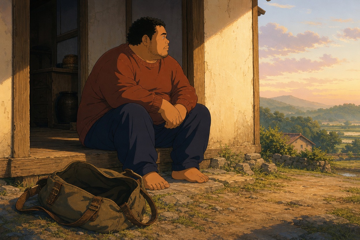 Anime traveler in a rust sweater seated on a rural threshold beside a bag