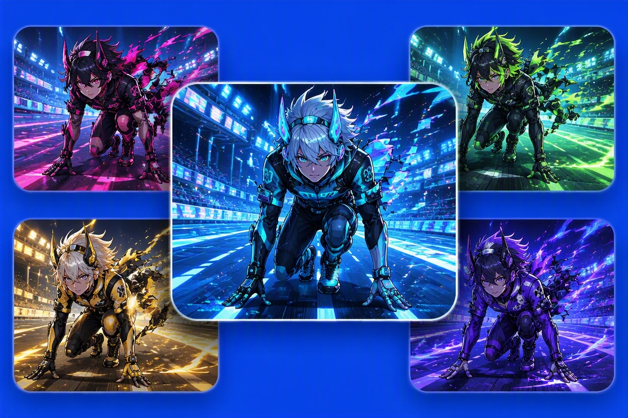 Glitch OC shown in portrait, full-body, and digital-world scene formats