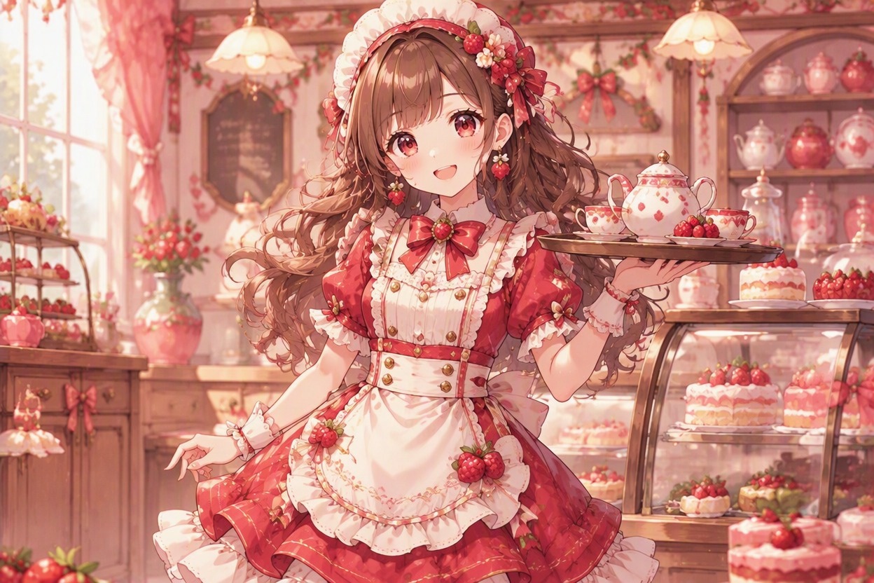 Berry café host character in a strawberry-inspired outfit
