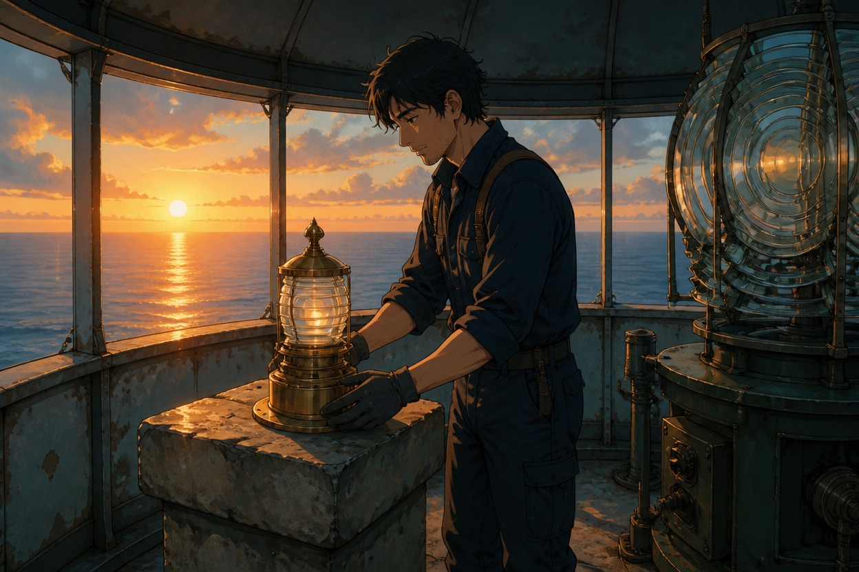 A lighthouse worker steadies a glowing lamp on a stone bench above calm sunlit water