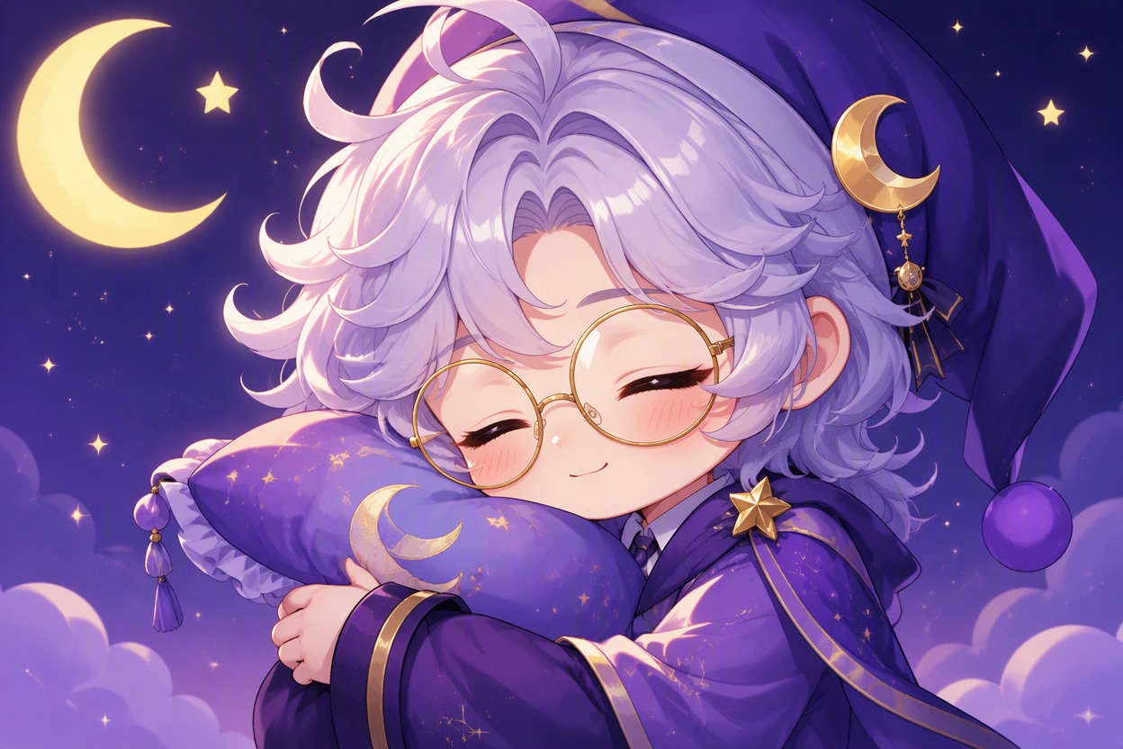 One original chibi moon scholar with silver curls, round glasses, violet robe and gold star pin, showing sleepy affection while hugging a small pillow, centered bust-up emote compo