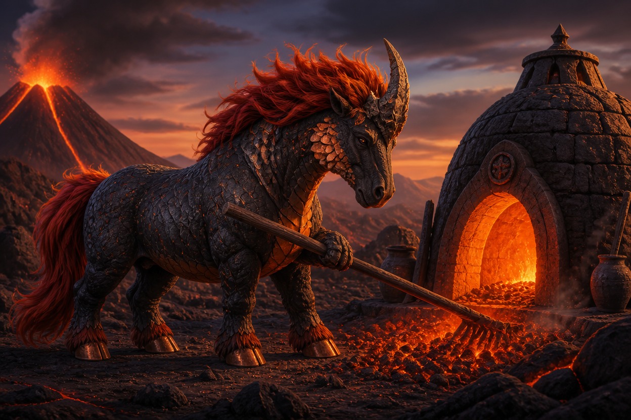 Exactly one original broad elderly kirin-equine kiln tender with charcoal bisonlike body, short sturdy legs, flat copper hooves, one thick forward-curving stone horn, amber scales