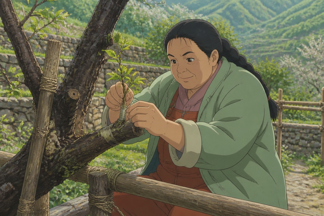 Japanese anime orchard specialist examines a grafted shoot on a weathered tree in a terraced garden