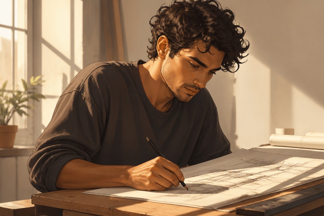 Original adult character with an angular face, dark curls, and a focused expression