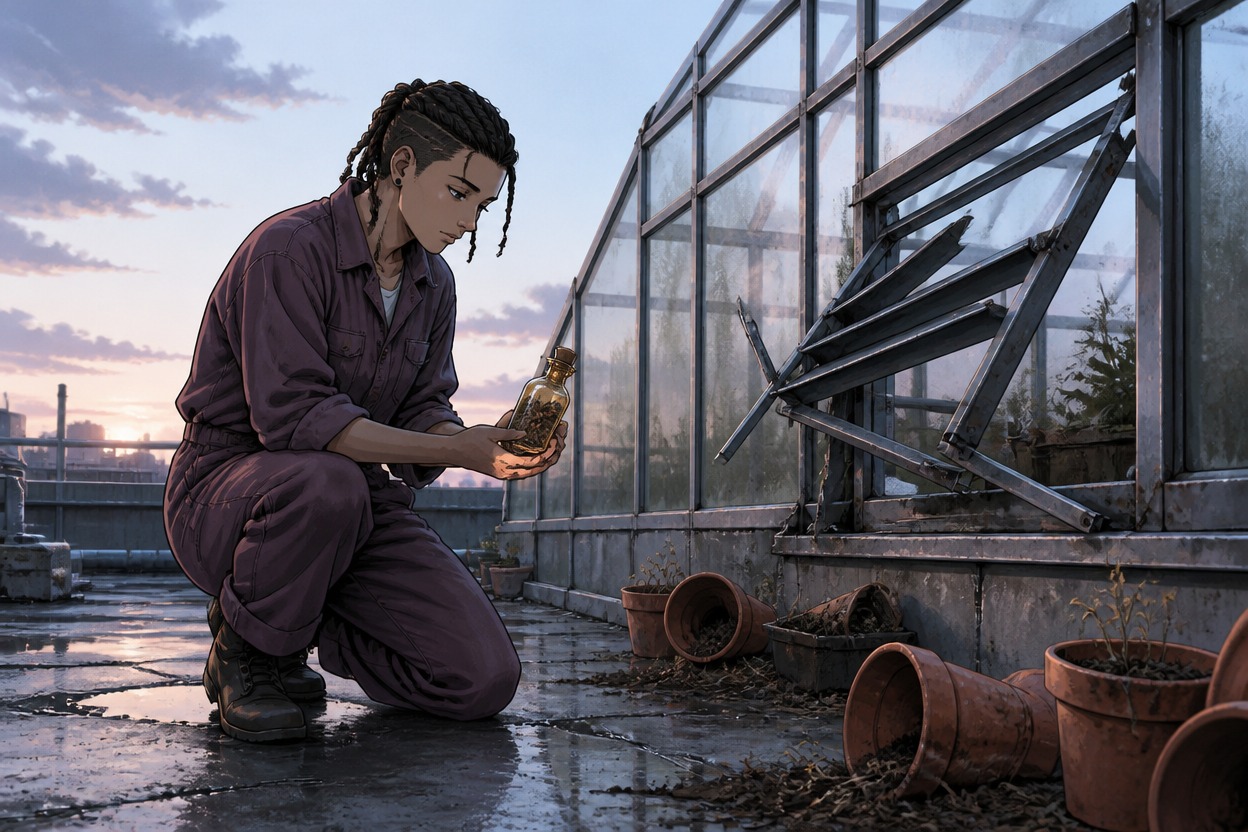A braided rooftop botanist examines an amber vessel beside a damaged greenhouse vent and overturned pots