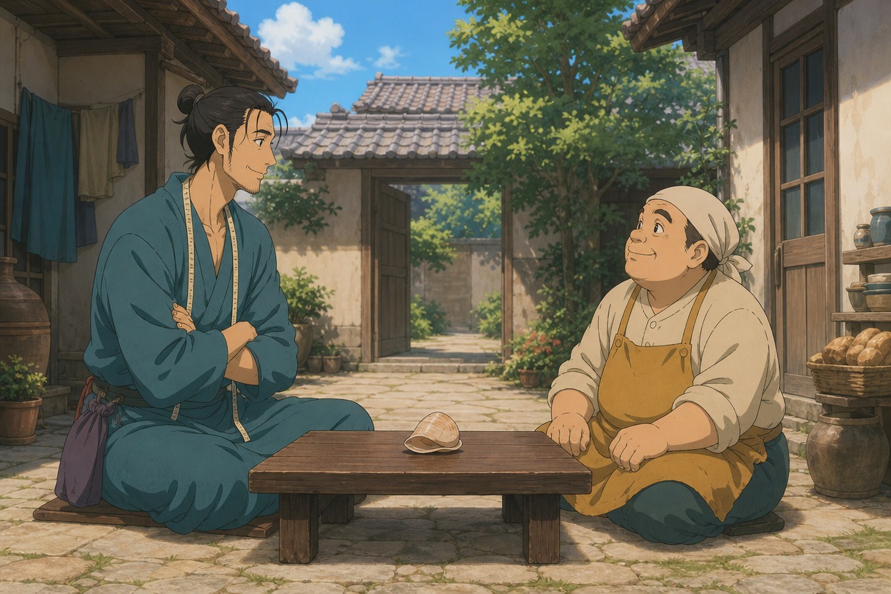 Dois vizinhos de anime sentados à mesa de um pátio com uma concha