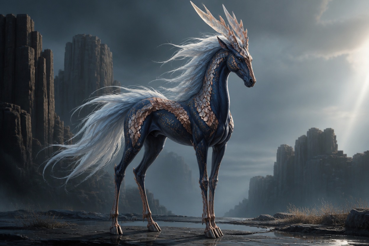 Exactly one original adult fantasy kirin-equine with tall gazelle-like legs, long narrow mule muzzle, split slate hooves, deep indigo coat, pale copper scales only along shoulders