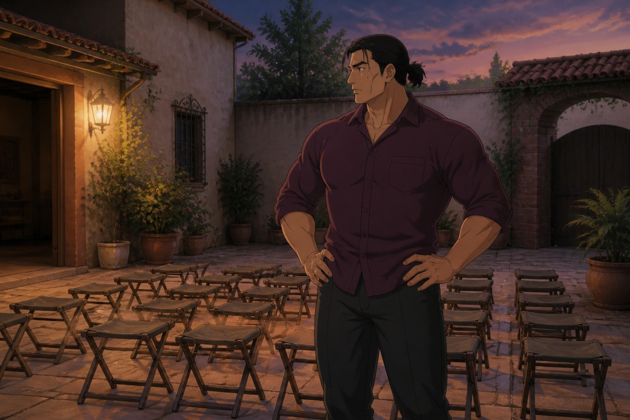 Anime neighborhood organizer with meeting stools in an evening courtyard