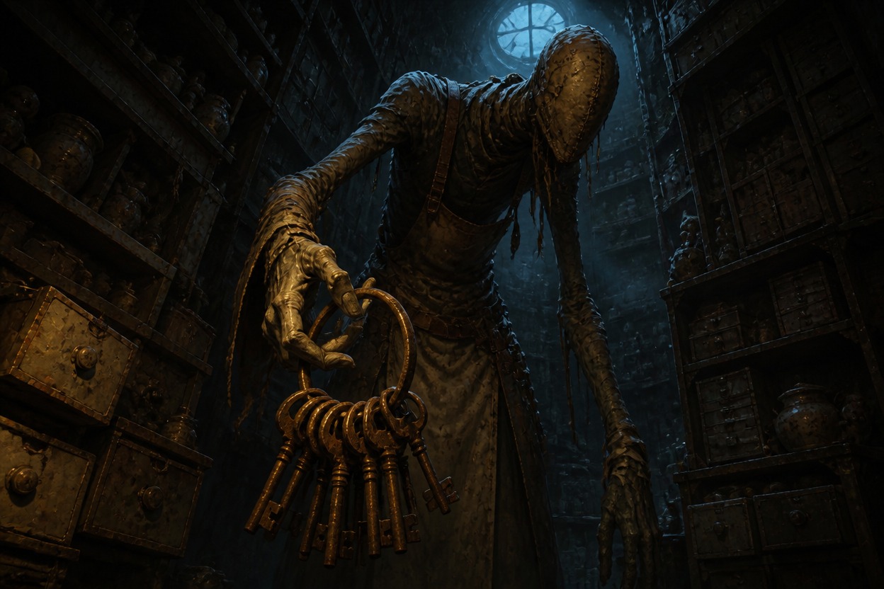 Original long-limbed key collector monster in a storage room