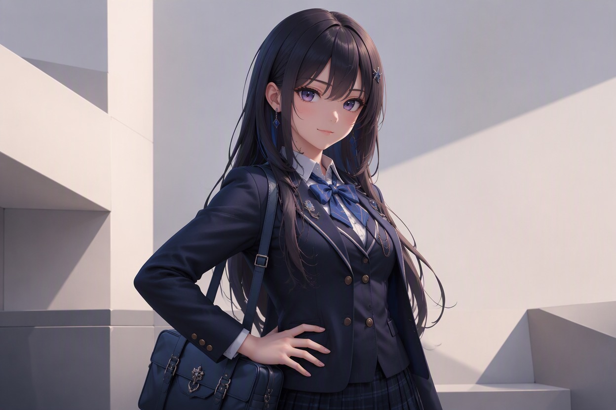 A polished original 3D anime school girl OC in a navy club uniform with a custom ribbon, satchel, confident pose, soft studio light, clean pale geometric background, single character