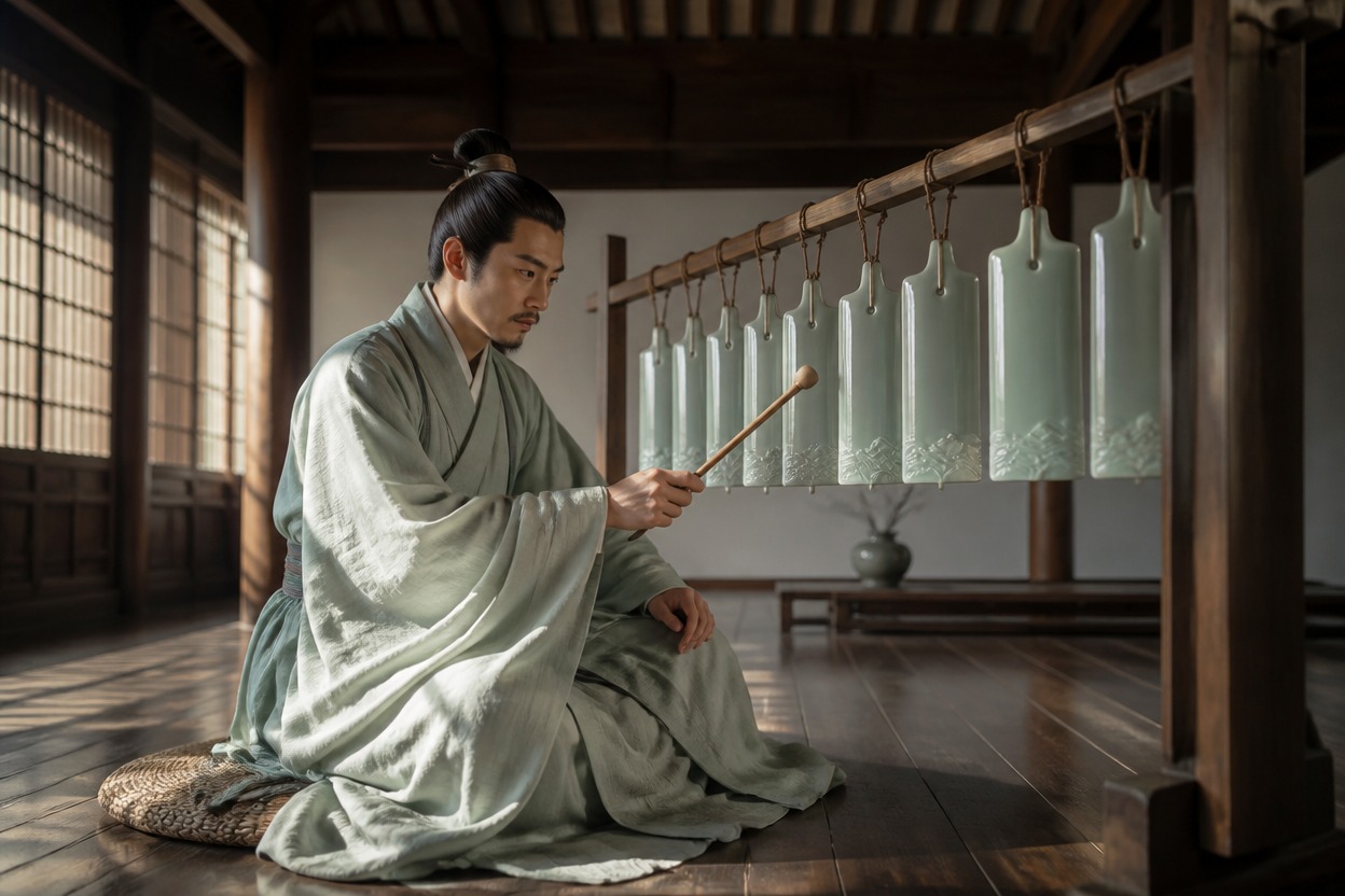 Adult Chinese ceramic acoustics scholar in Song-influenced robes studying porcelain chimes inside a quiet hall