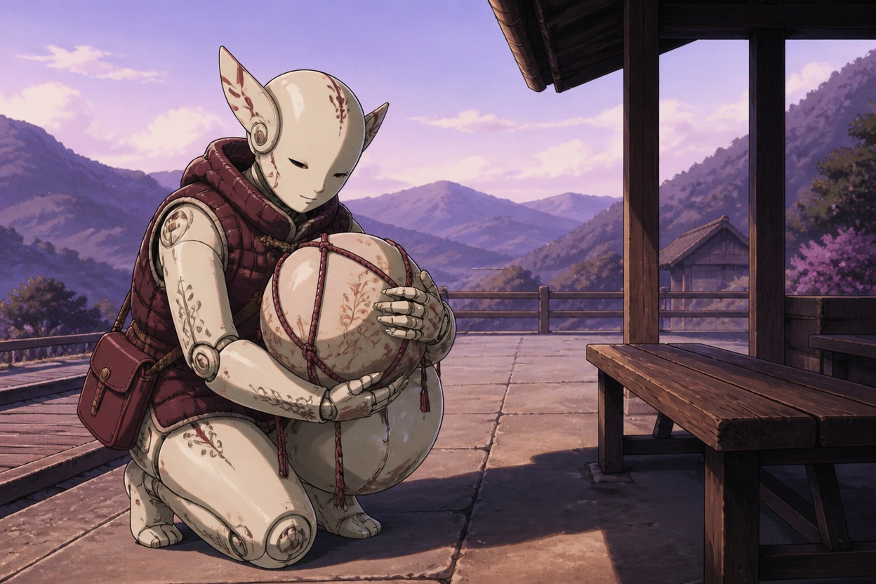 Japanese anime ivory ceramic courier cradles a fragile spherical parcel at a misty mountain station