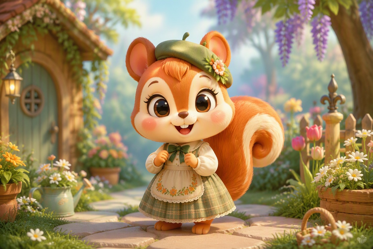 One completely original cute anthropomorphic squirrel villager in a cozy pastel village garden, original clothing and facial design, rounded friendly proportion