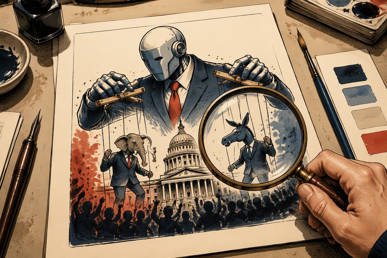 Original political editorial cartoon scene, two generic suited officials pulling opposite ends of a tangled rope around a globe, expressive but non-identifiable