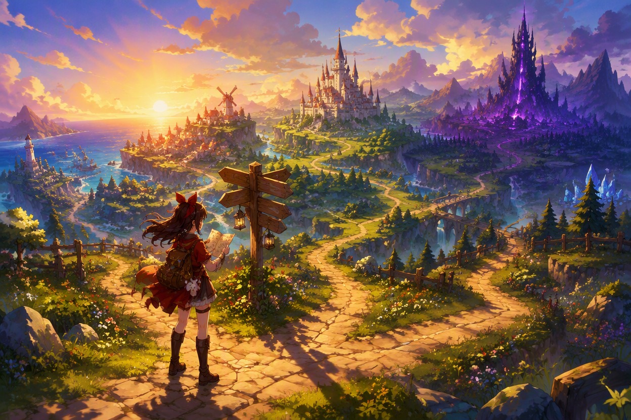 Map Route Mood and Locations: AI visual novel generator capability illustration, page-specific visual example, polished anime or cartoon character concept art as appropriate, clean composition, no panels, no readable text, no logo, no watermark