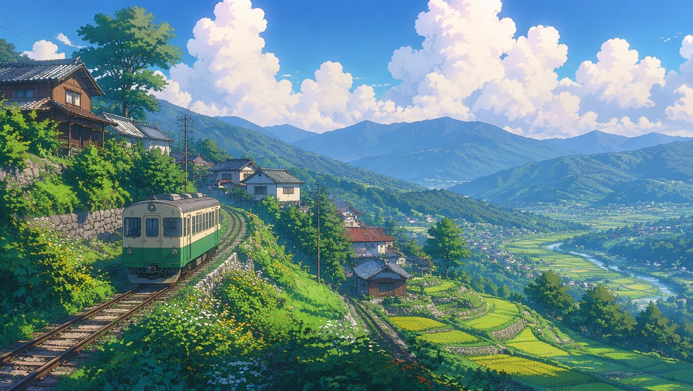 Painterly anime-inspired travel scene with warm light and lush scenery