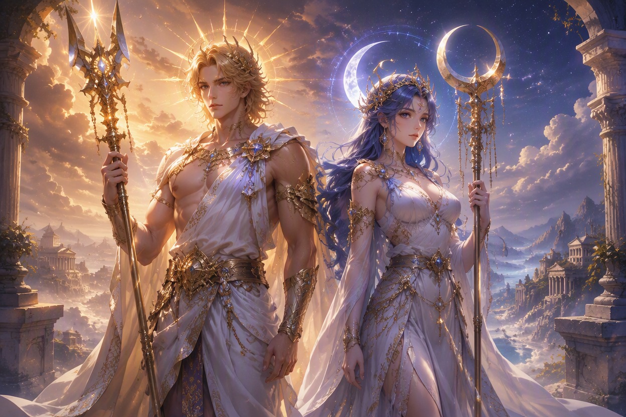 One original character illustration demonstrating design god and goddess variants for Greek OC maker, theme-specific character design, polished anime fantasy RPG concept art, single subject, clean composition, no readable text, no logo, no watermark