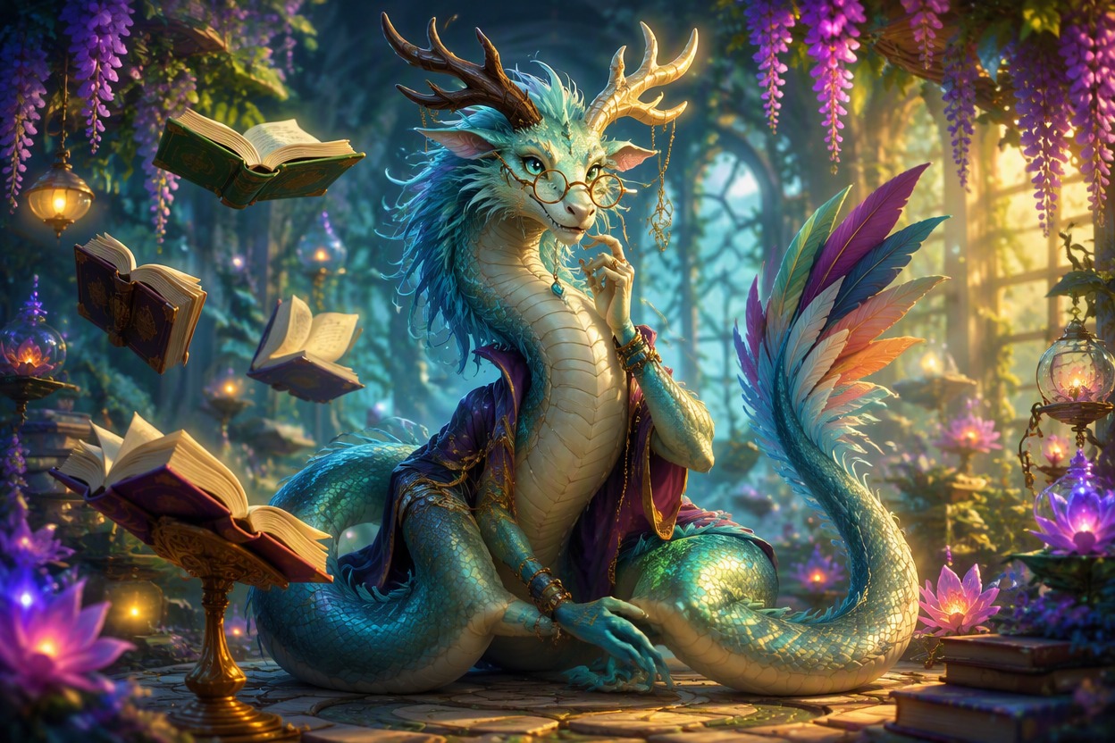 One original elegant hybrid fantasy creature with serpentine body, mismatched antlers, feathered tail and small spectacles, curious theatrical expression, floating library garden,