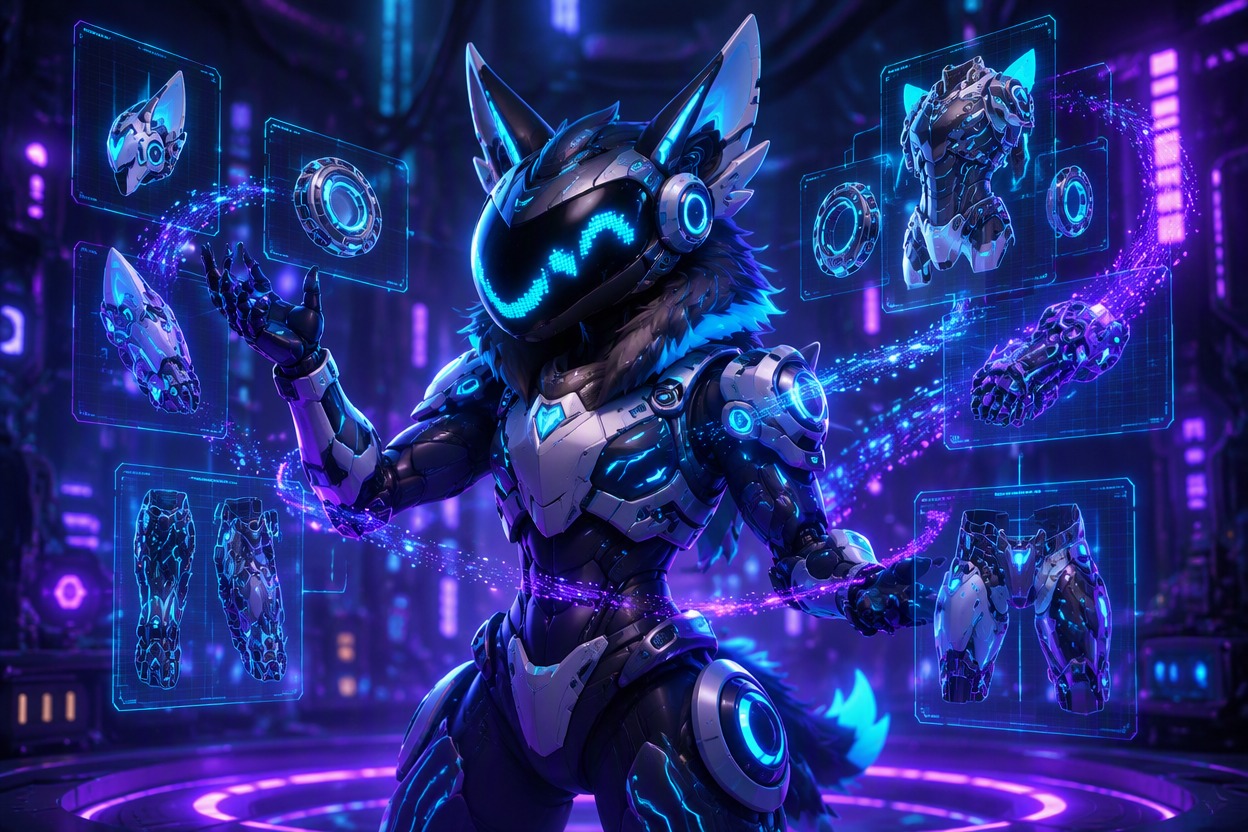 Turn Function Into Equipment: Protogen OC maker capability illustration, page-specific visual example, polished anime or cartoon character concept art as appropriate, clean composition, no panels, no readable text, no logo, no watermark