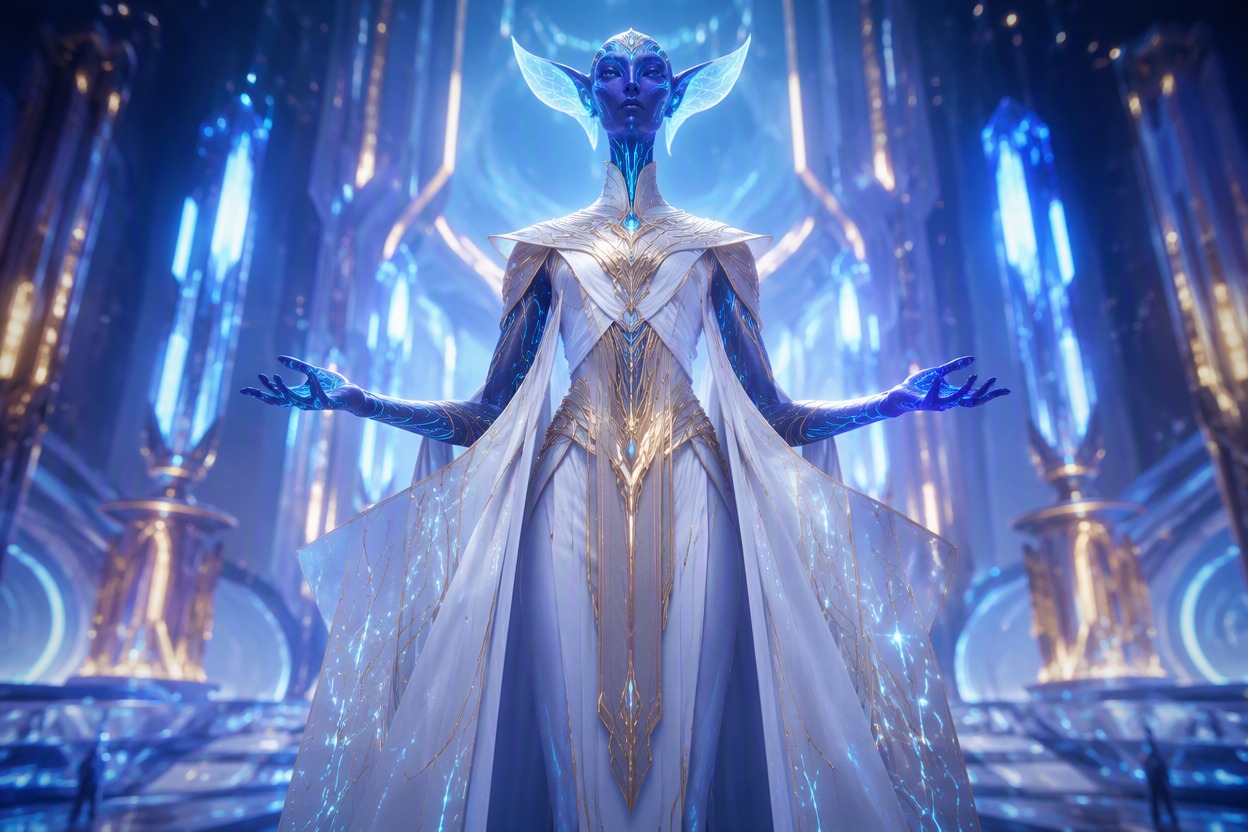 Bioluminescent alien diplomat with ceremonial clothing