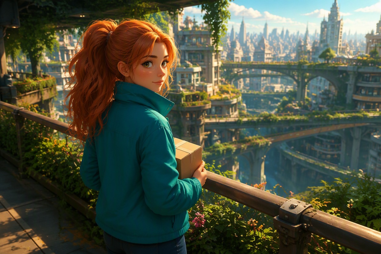 One original anime-inspired courier with copper hair and teal jacket standing on a neon-free elevated skybridge, foreground rail and layered city gardens creating strong depth, dyn