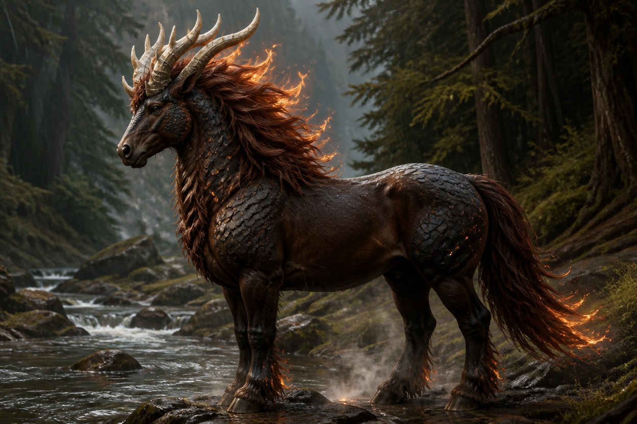 Exactly one original stocky adult kirin-equine with dark umber coat, broad camel-like muzzle, six short ivory horn branches swept sideways, charcoal pebble scales on forelegs, dens