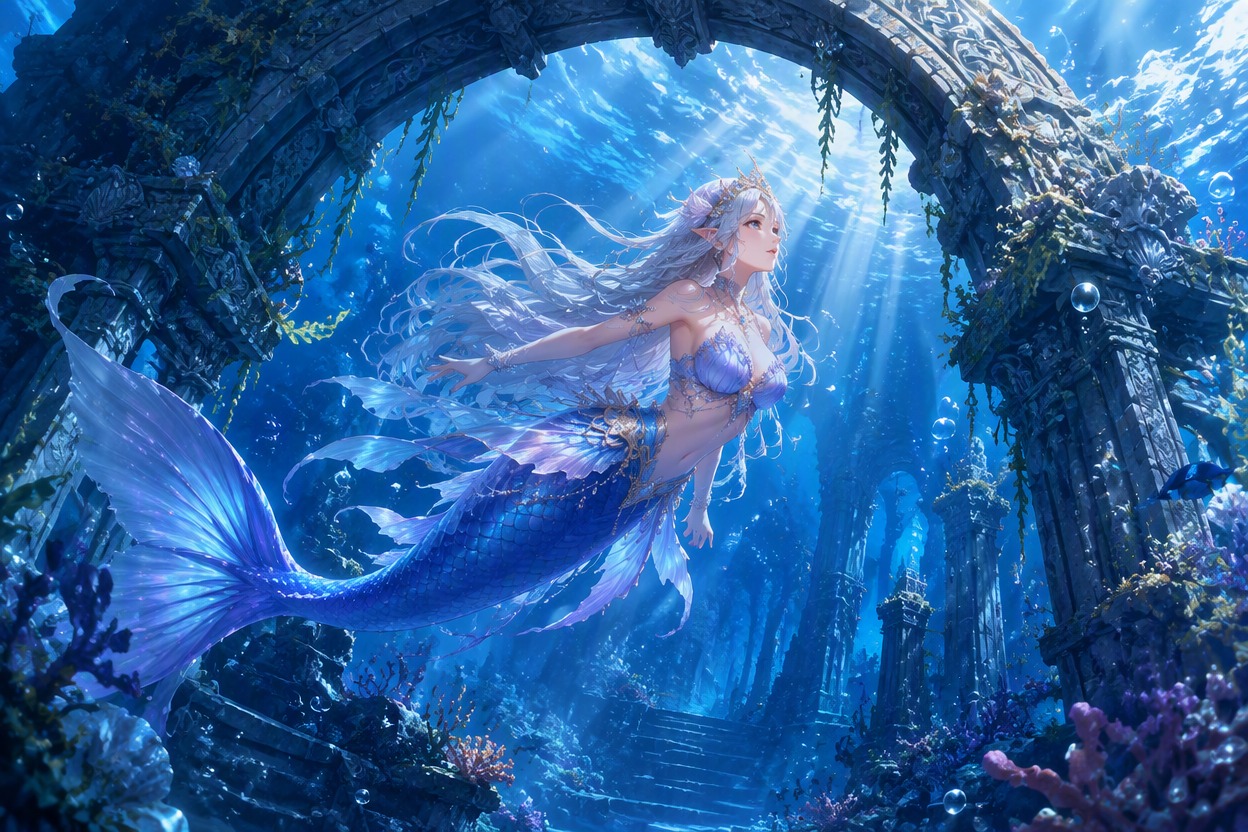 Original mermaid character with a sweeping teal tail in a sunlit underwater portrait