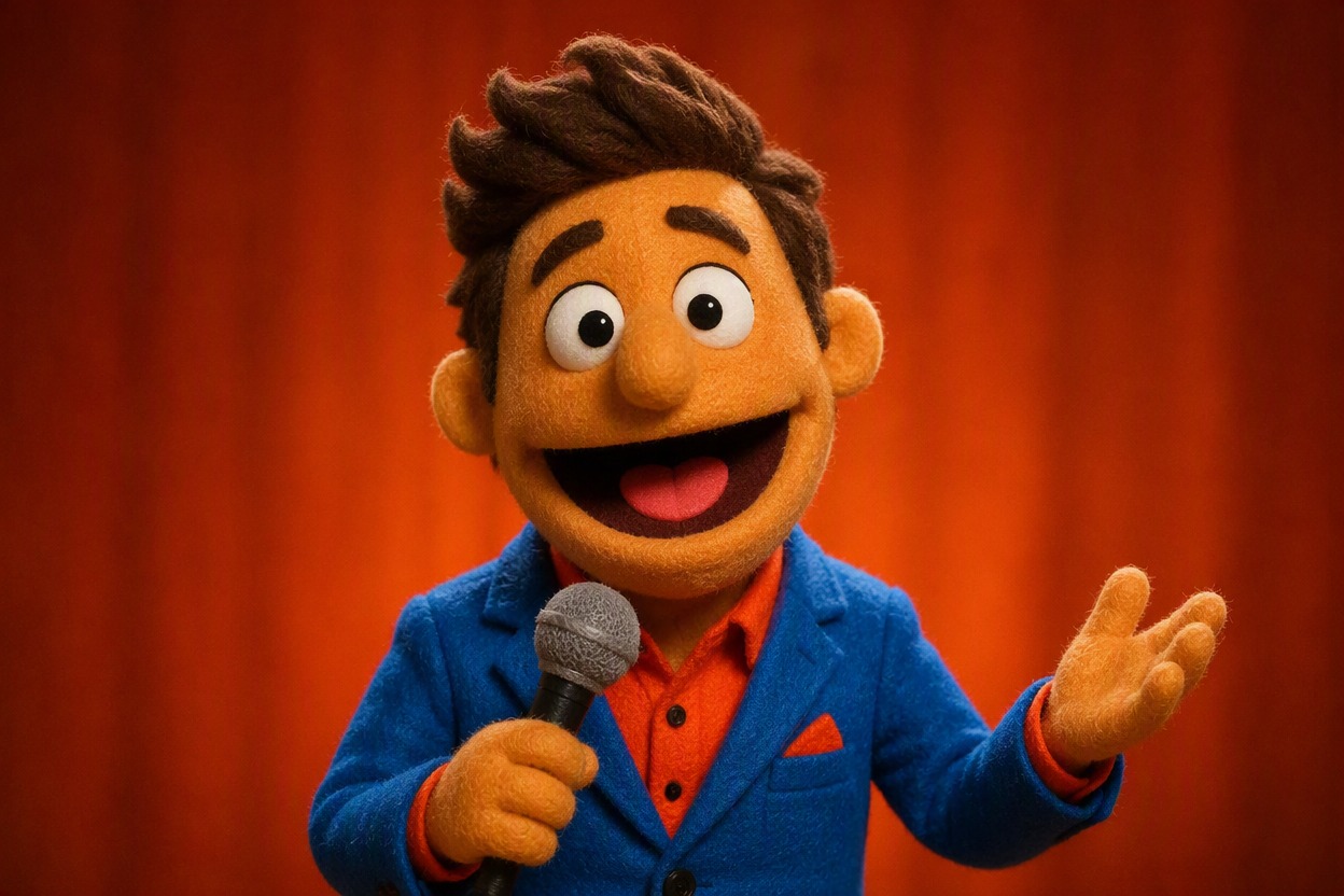 One original handmade felt puppet character as a cheerful comedy host, soft fuzzy texture, expressive hinged mouth, bright jacket, warm studio stage lighting, clean background, no franchise reference