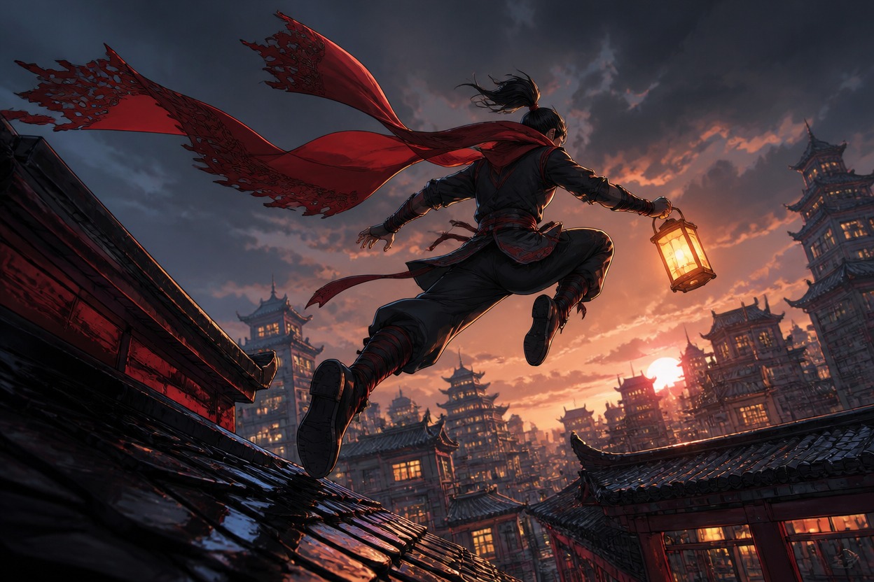 Original adult character with a red scarf and lantern performing a leap across wet rooftops