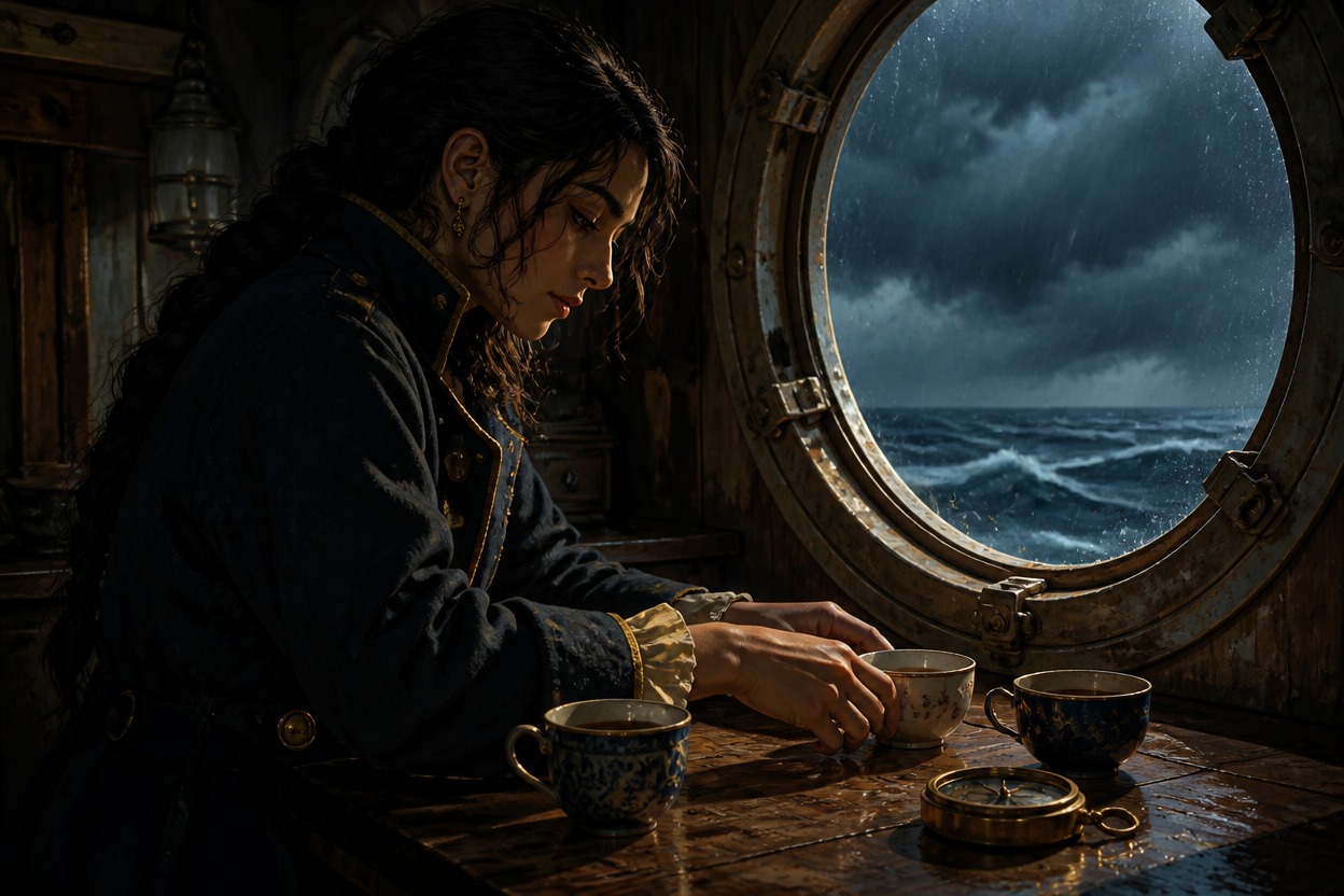 Original adult navigator arranging mismatched teacups before a difficult voyage