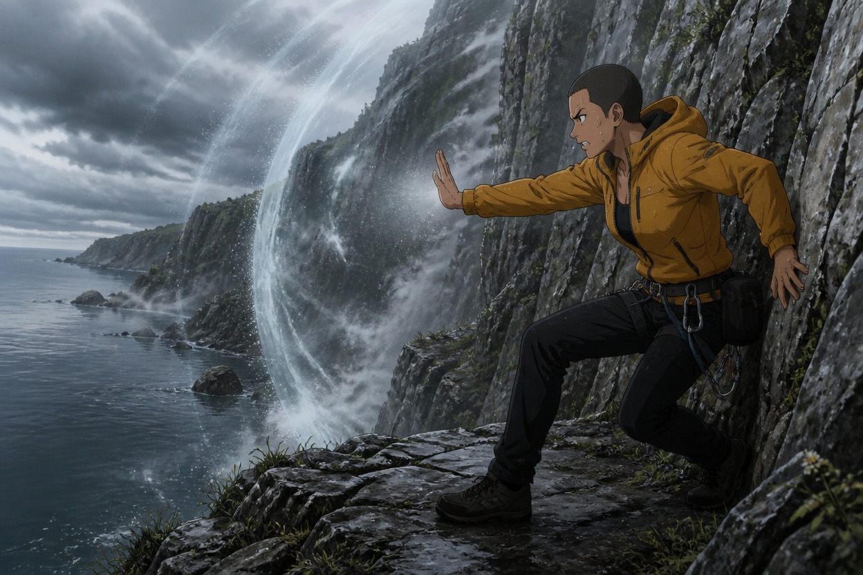 Anime climber in a mustard jacket bending coastal wind and spray