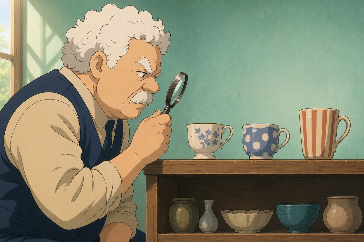 Inspetor de anime de cabelos brancos examinando três xícaras com uma lupa