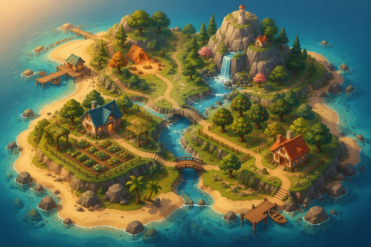 A cozy original game-like island map viewed from above, rounded coastline, river fork, bridges, orchard, garden, campsite, small homes and winding paths, bright friendly palette, o