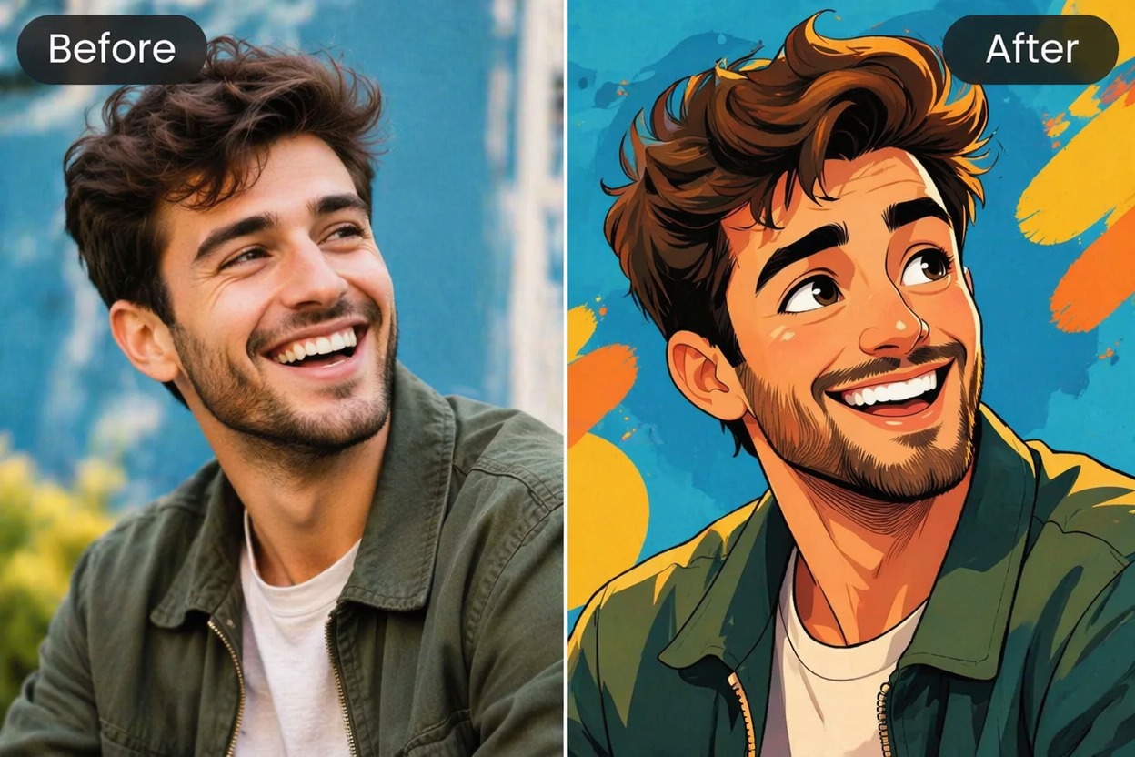 Photo transformed into a clean caricature portrait