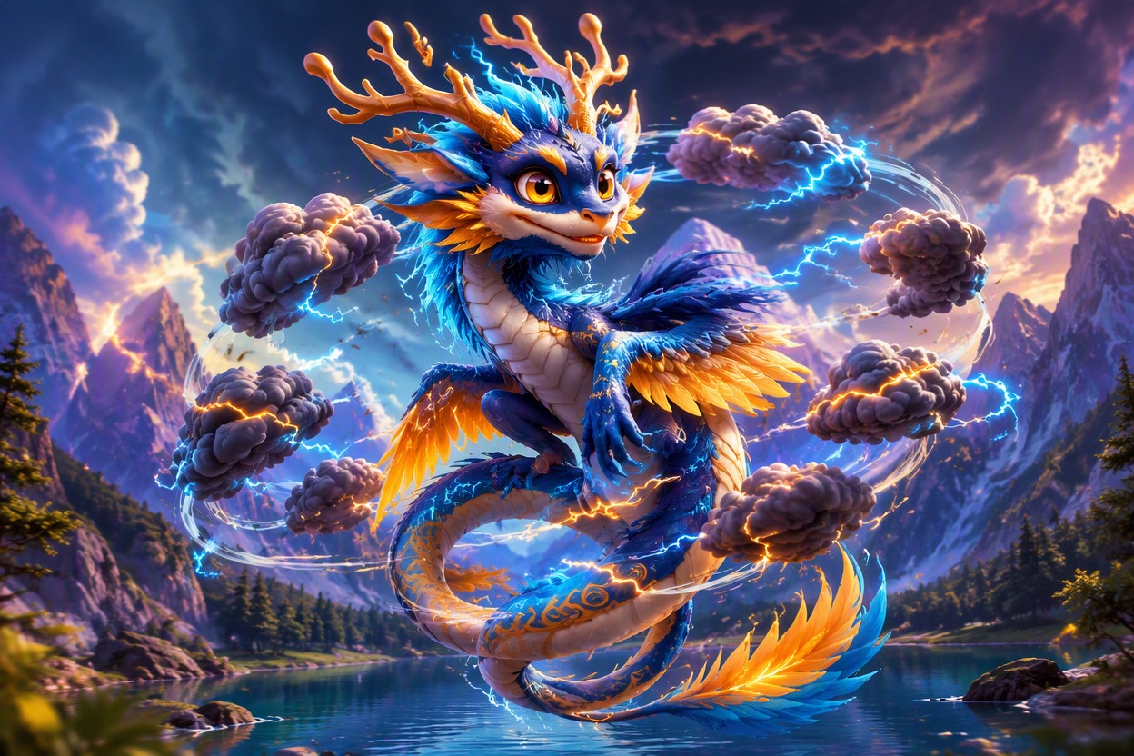 One original blue and amber serpentine hybrid creature with branching antlers, feathered forearms, scaled tail and tiny storm clouds circling its body, playful confident pose above