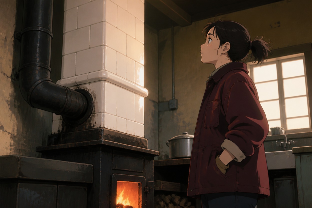 Japanese anime stove repairer in a burgundy jacket inspecting a ceramic flue