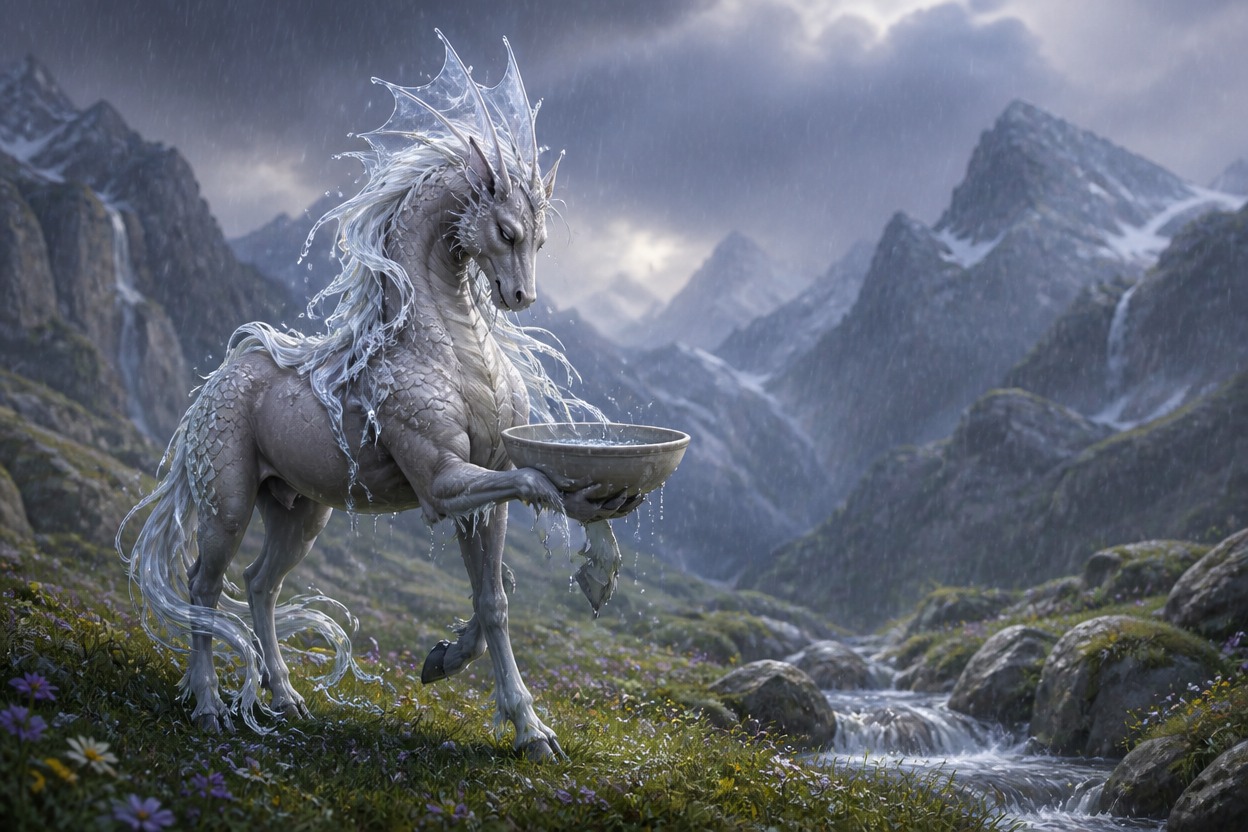 Exactly one original slender adult kirin-equine rain harvester with pale gray goatlike body, four narrow black hooves, translucent fan-shaped horn, turquoise scales only on neck an