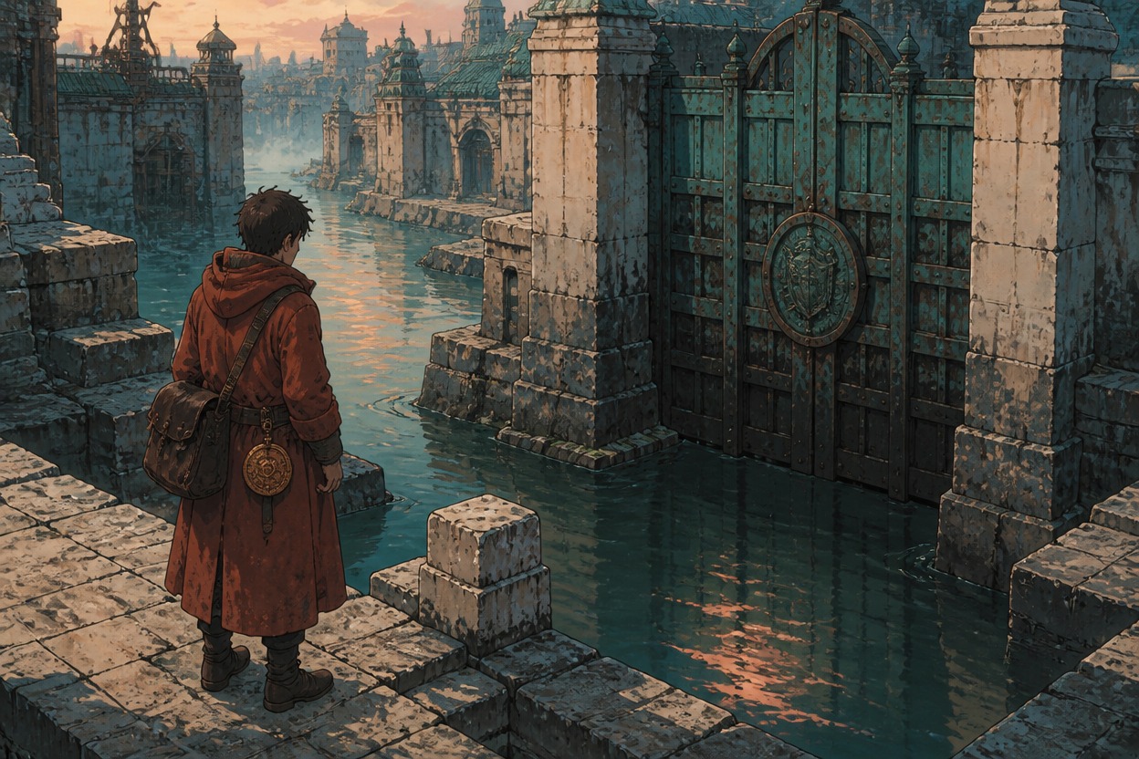 Anime rust-coated harbor courier beside a locked teal gate and weathered stone quay