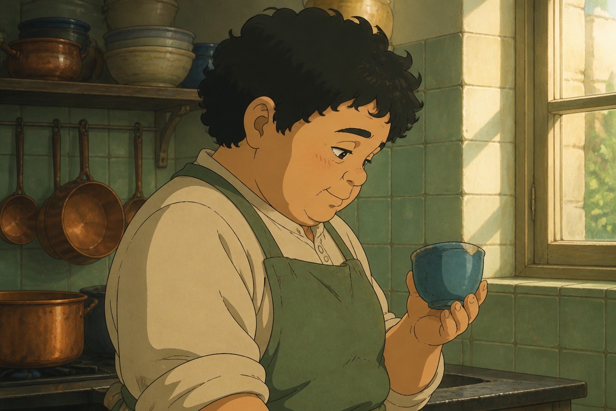 Anime cook in a green apron smiling at a blue cup