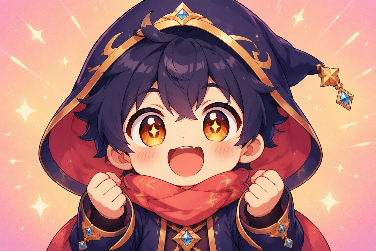 one original chibi fantasy artist character showing joyful excitement, expressive amber eyes, coral beret, teal jacket and star-shaped hair clip, raised hands, centered bust-up emo