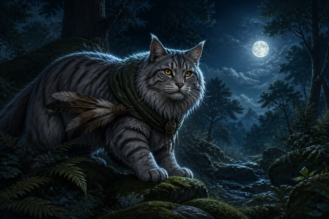 An original silver-gray adult forest cat sentinel beside moonlit ferns