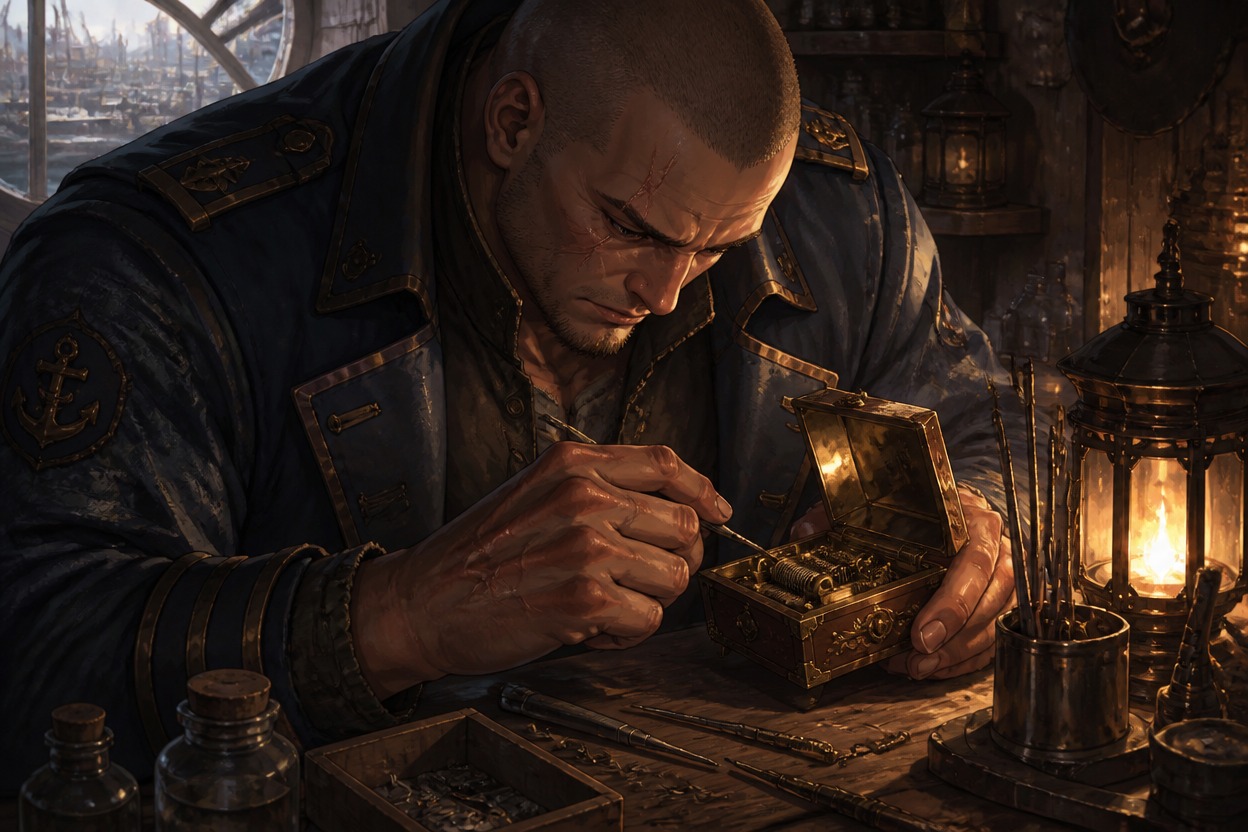 Original adult harbor guard repairing a tiny music box in a lantern workshop