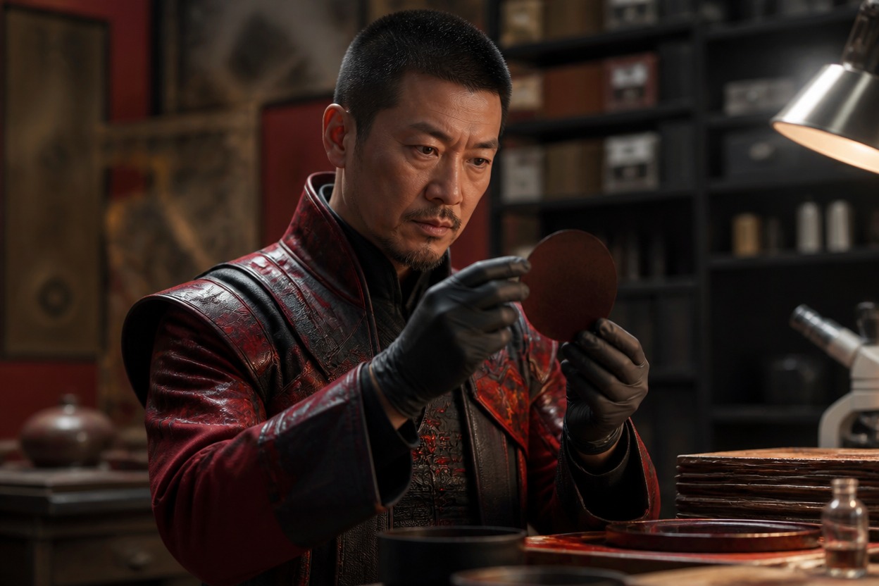Adult Chinese lacquer conservator wearing an invented crimson and black fantasy coat inside a restoration workshop