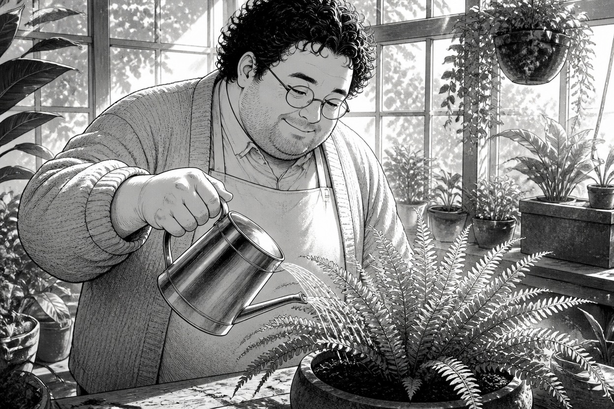 Ilustração em estilo mangá com contornos suaves de um jardineiro regando uma samambaia