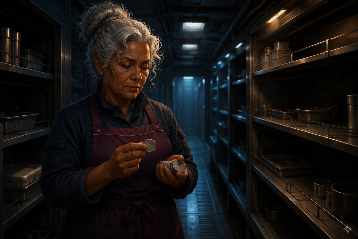One original older Latina galley inventory steward, age 62, silver curls, plum apron over navy ship coveralls, holding a ring of blank metal ration tokens in an empty low-lit kitch