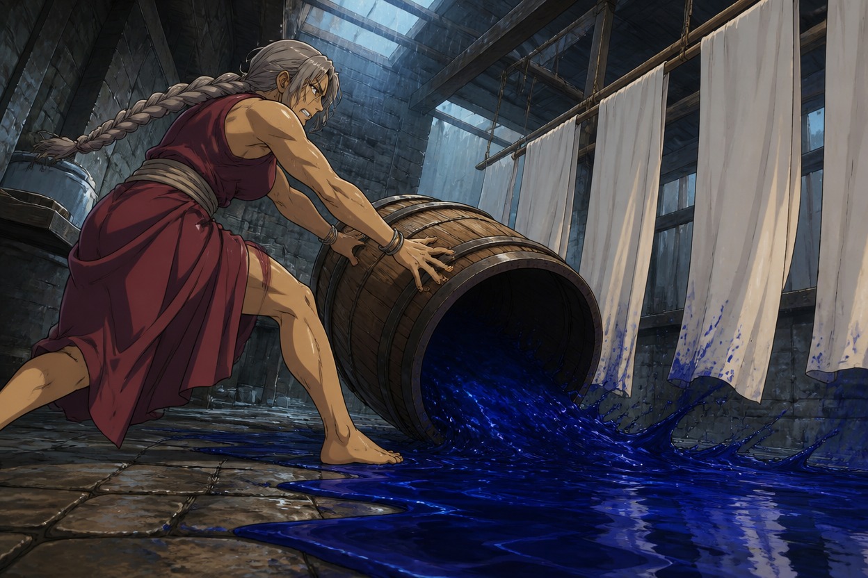 Japanese anime textile dyer braces a spilling blue dye barrel beside hanging pale cloth