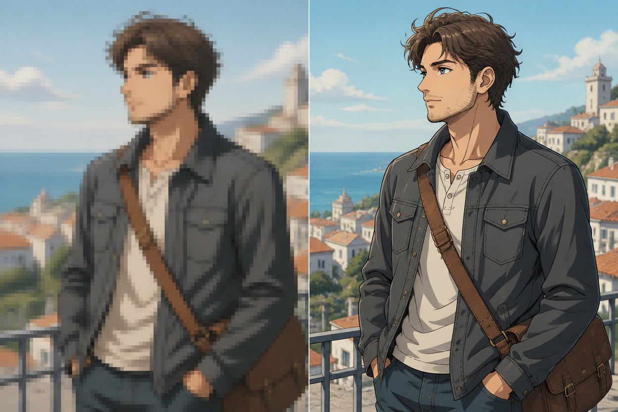 Comparación ilustrativa de anime de un mensajero con una bandolera en un mirador junto al mar, suave y pixelado a la izquierda y nítido a la derecha